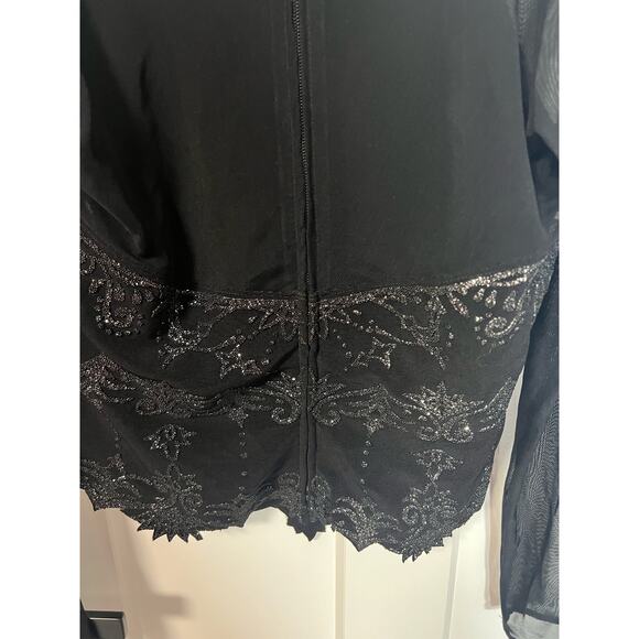 Vintage 90s Tadashi Shoji Mesh Sheer Embellished Mock Neck Top Basque Waist Goth - Picture 6 of 10